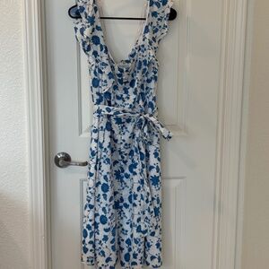 Gal Meets Glam, Olivia Blue/White Floral Midi Dress with Ruffle Sleeve, 12